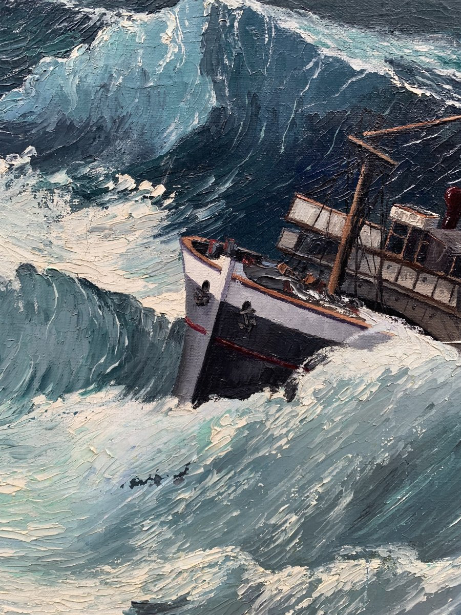 Huile sur toile - Bateau en pleine tempête - Signé René Lenormand-photo-2