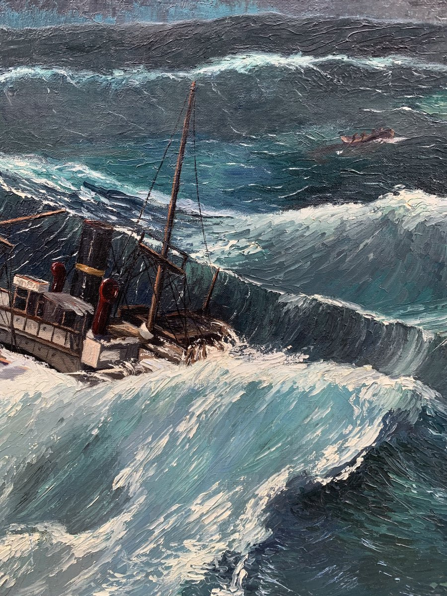 Huile sur toile - Bateau en pleine tempête - Signé René Lenormand-photo-3