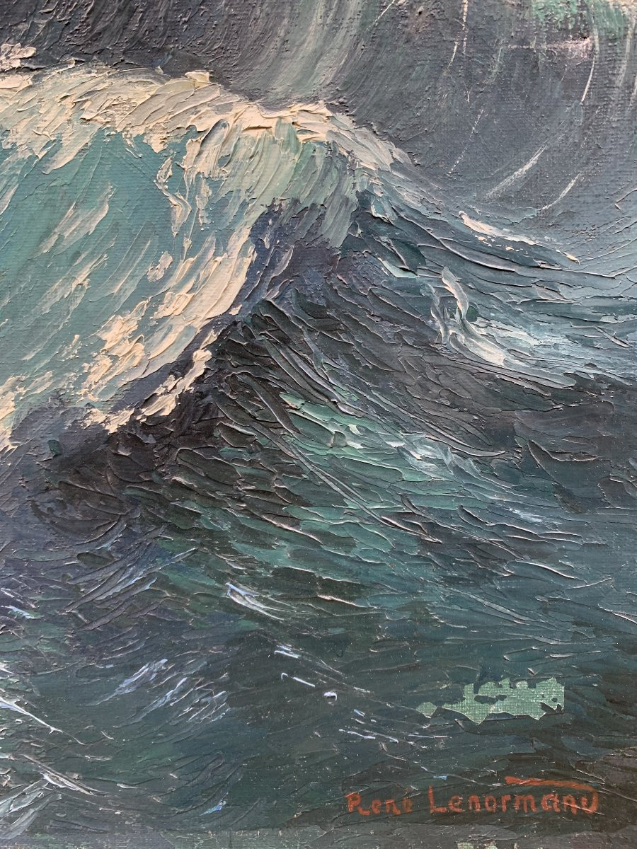 Huile sur toile - Bateau en pleine tempête - Signé René Lenormand-photo-4