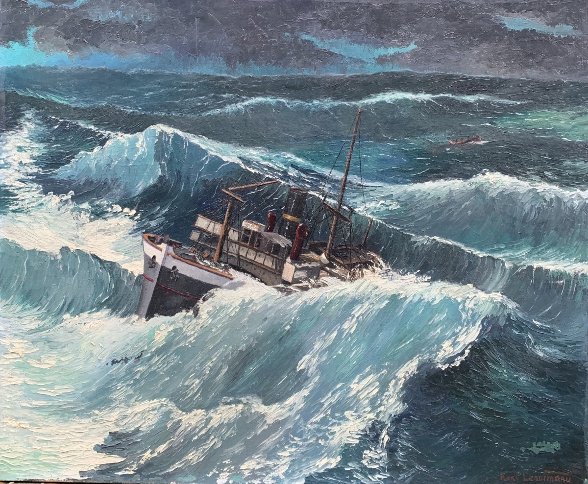 Huile sur toile - Bateau en pleine tempête - Signé René Lenormand