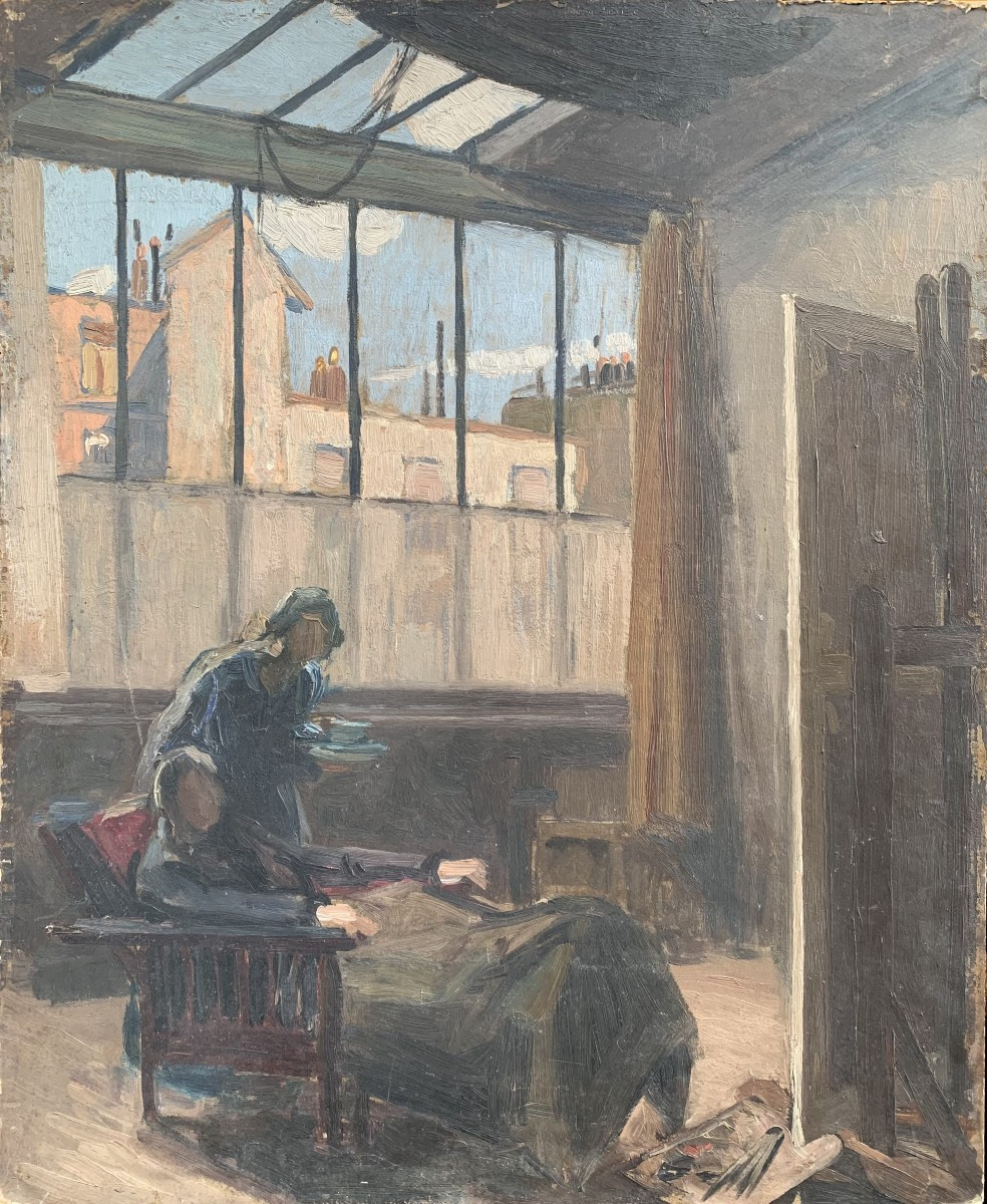 Oil On Heavy Cardboard – The Painter In His Studio – Signed Leroux – Early 20th Century