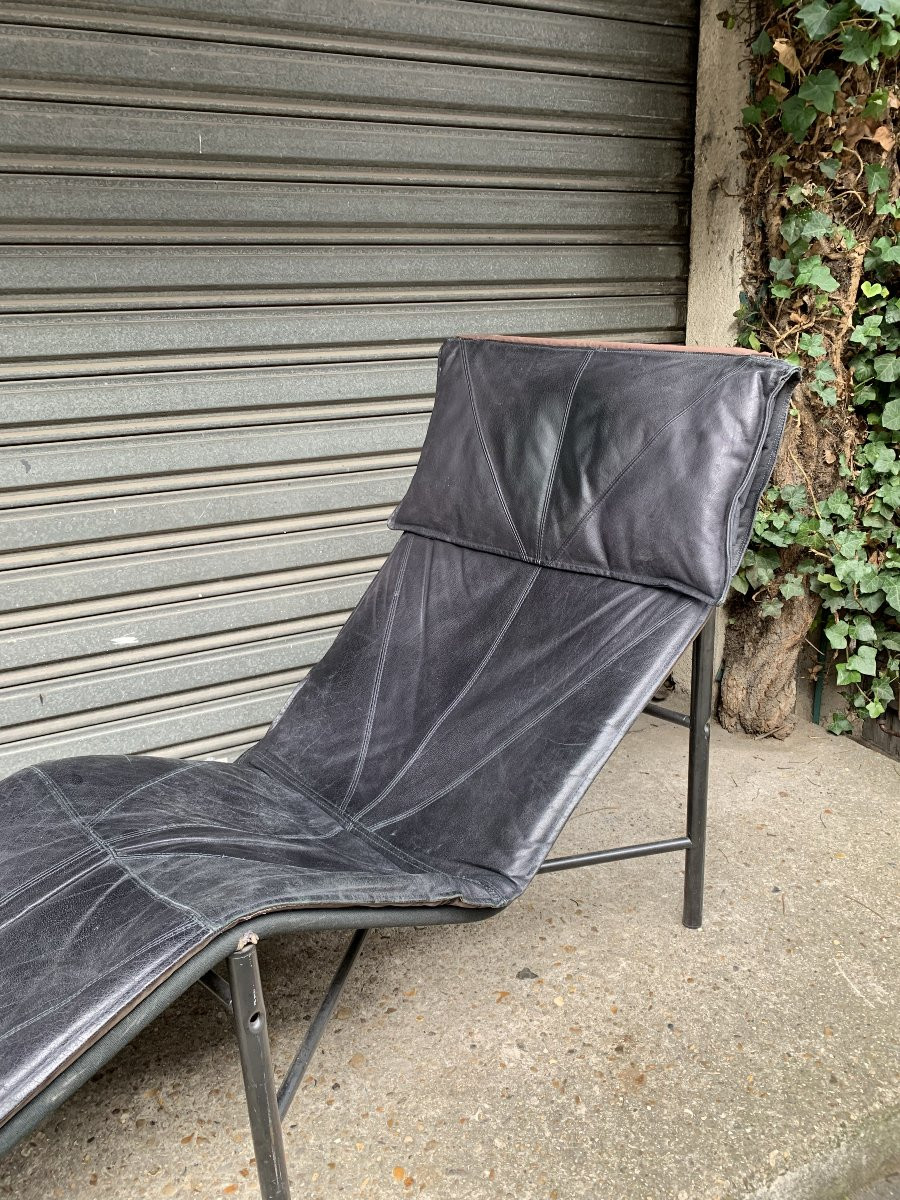 Tord Björklund For Ikea – Black Leather And Lacquered Metal Chaise Longue – 1970s-1980s-photo-3