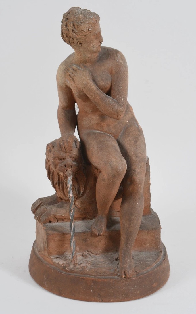 Terracotta Sculpture – Nude Woman At The Fountain – Dated 1881 – Monogram Jh