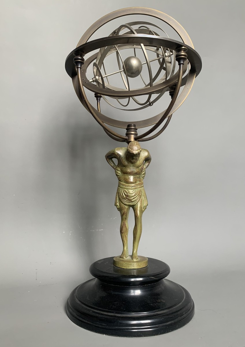 Atlas Armillary Sphere - Patinated Bronze - Black Marble Base - 1970-1980s