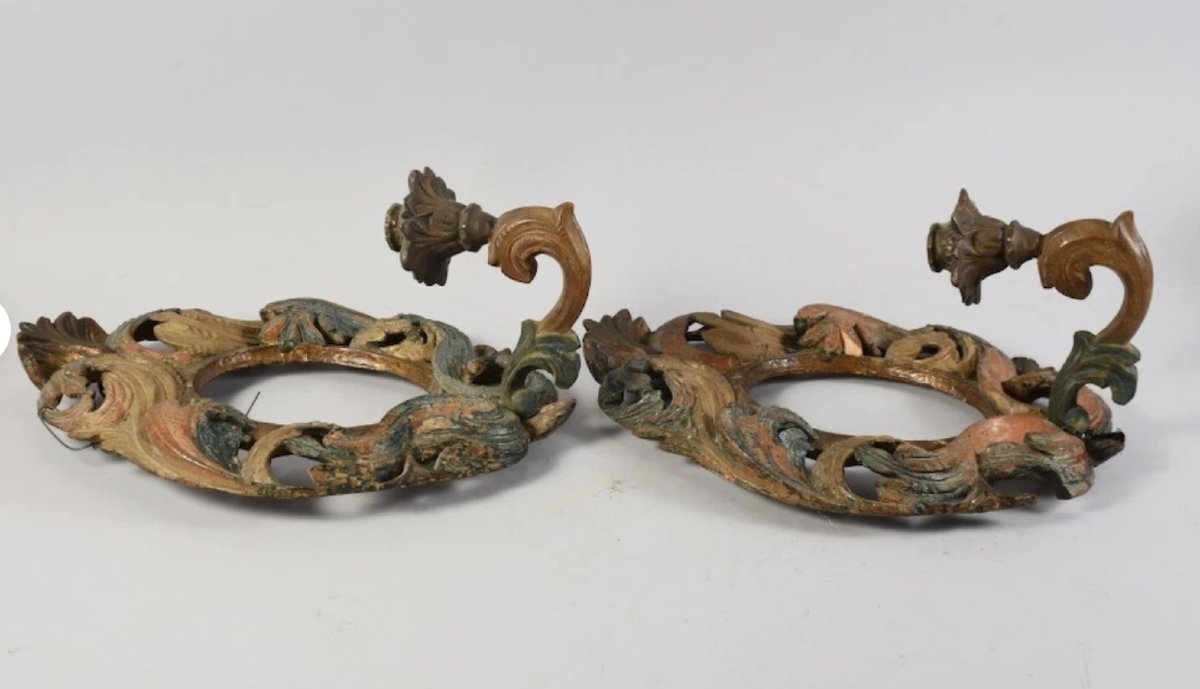 Paire d’appliques en bois sculpté polychrome - miroirs au mercure- Italie du Nord- XVIIIe -photo-2