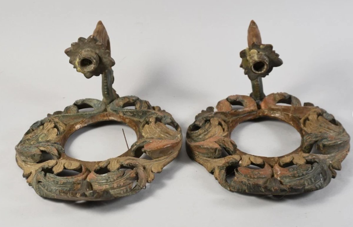 Paire d’appliques en bois sculpté polychrome - miroirs au mercure- Italie du Nord- XVIIIe -photo-3