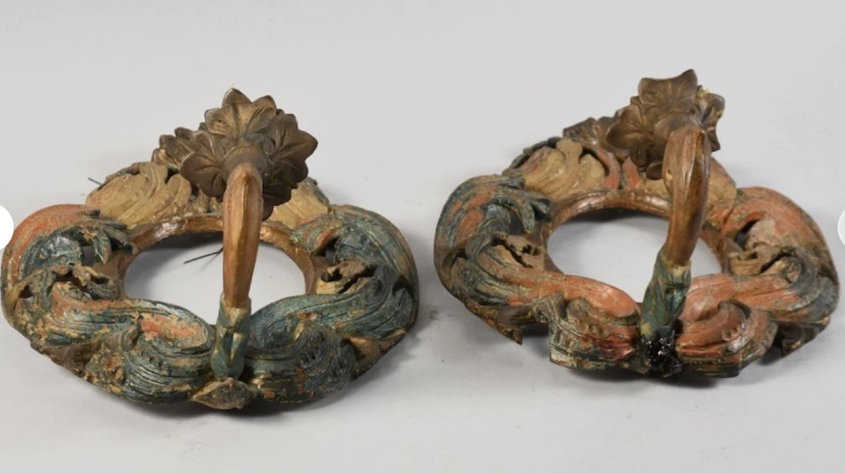 Paire d’appliques en bois sculpté polychrome - miroirs au mercure- Italie du Nord- XVIIIe -photo-1