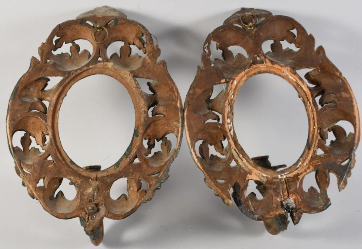Paire d’appliques en bois sculpté polychrome - miroirs au mercure- Italie du Nord- XVIIIe -photo-2
