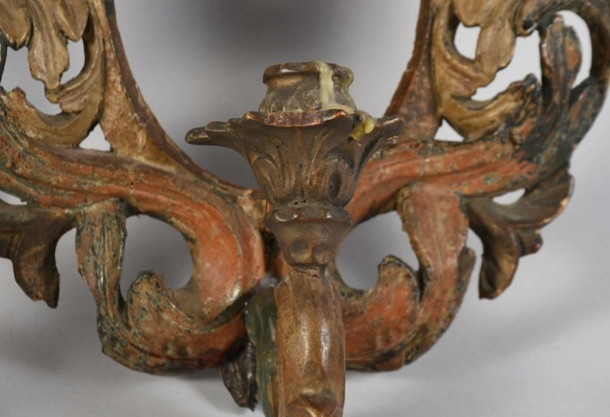 Paire d’appliques en bois sculpté polychrome - miroirs au mercure- Italie du Nord- XVIIIe -photo-4