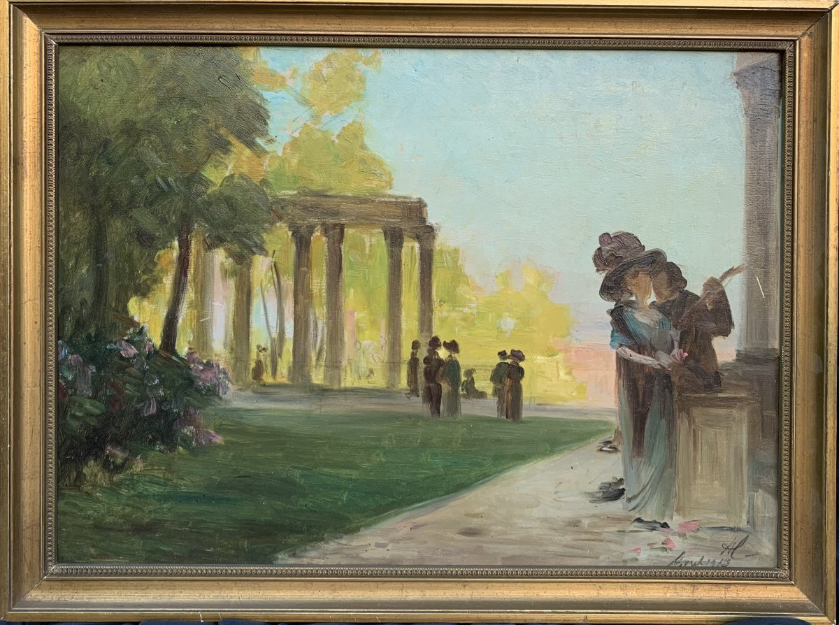 Élégante scène de parc – Huile sur carton – Datée 1913 – École française-photo-2