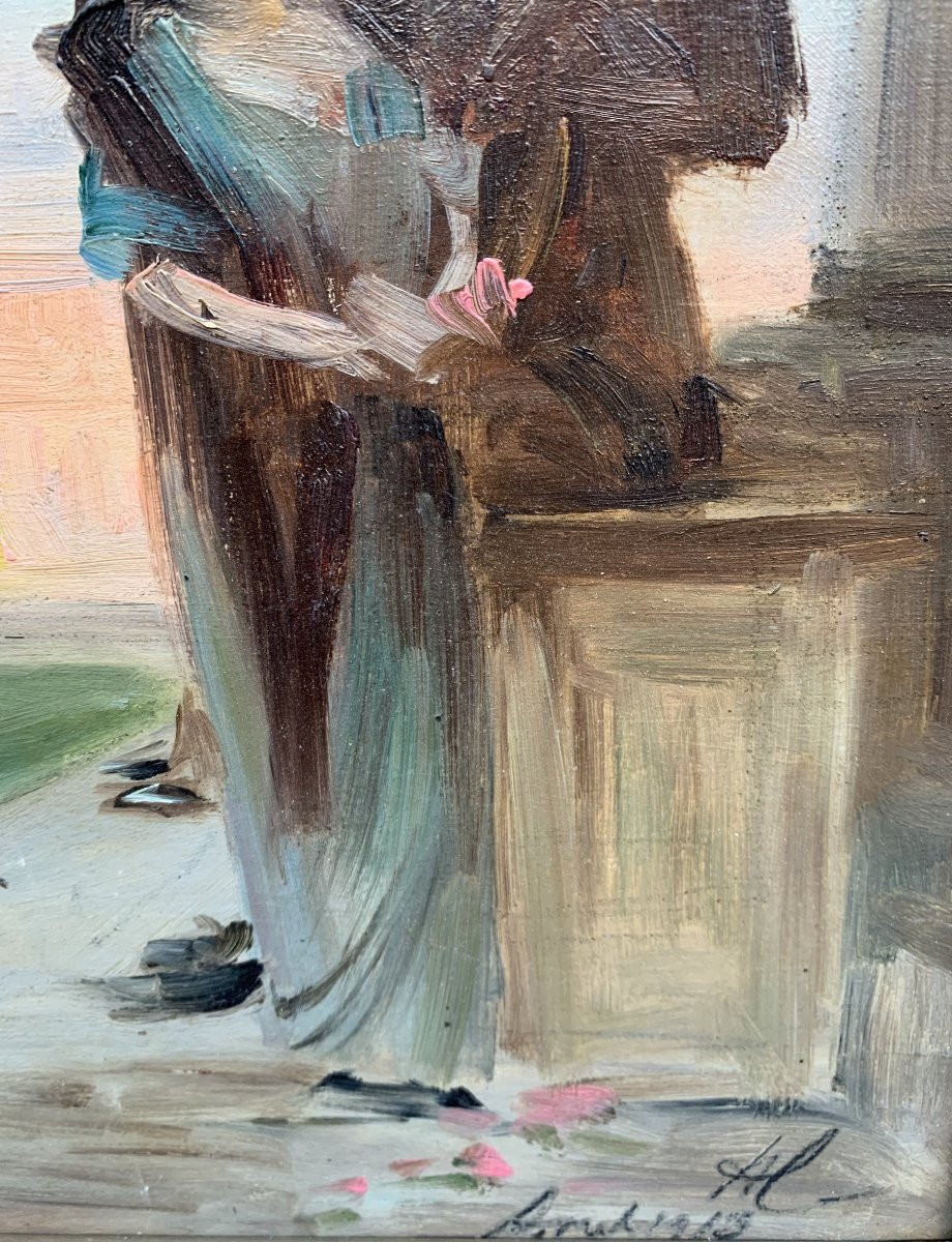 Élégante scène de parc – Huile sur carton – Datée 1913 – École française-photo-3