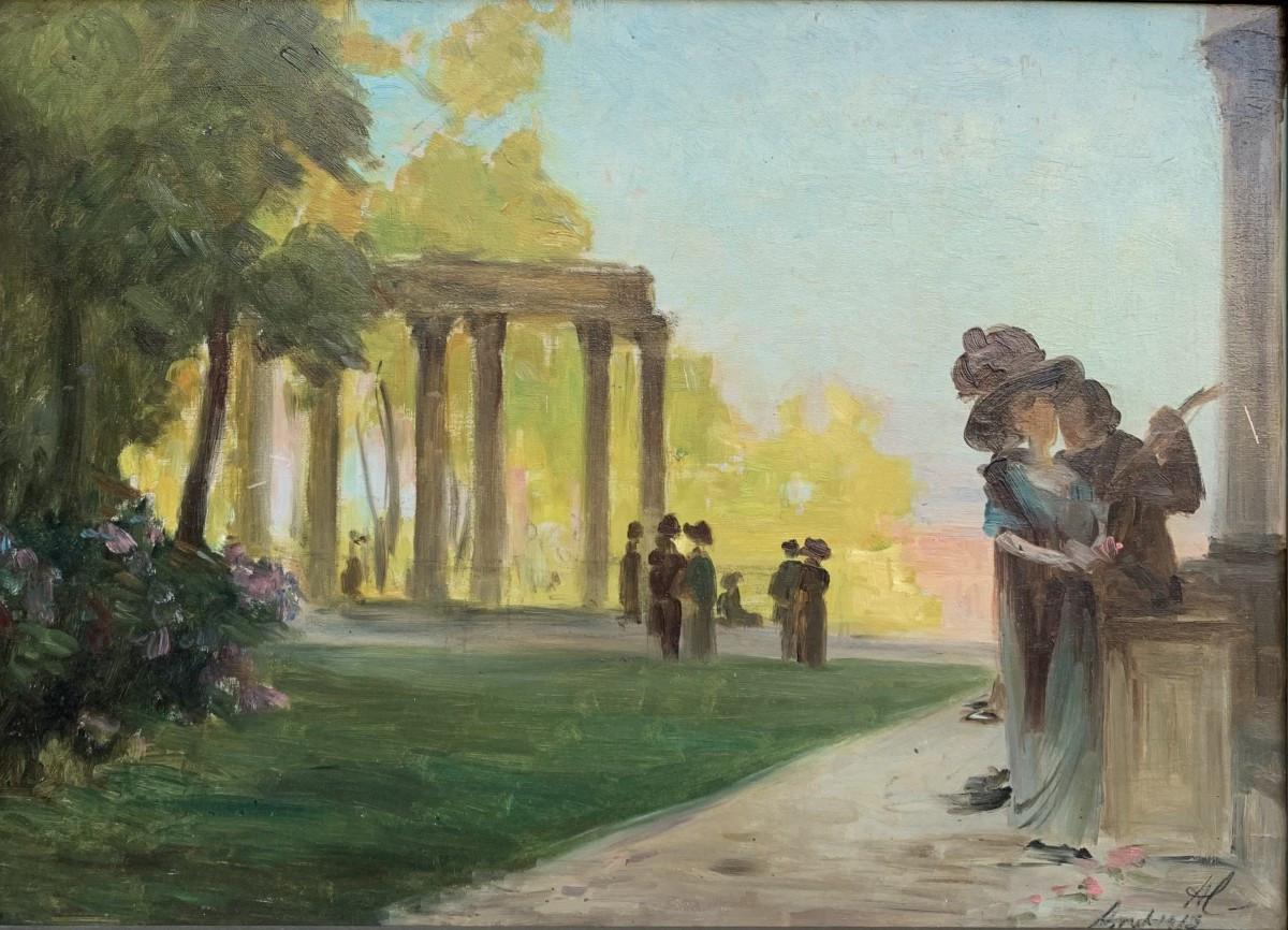 Élégante scène de parc – Huile sur carton – Datée 1913 – École française