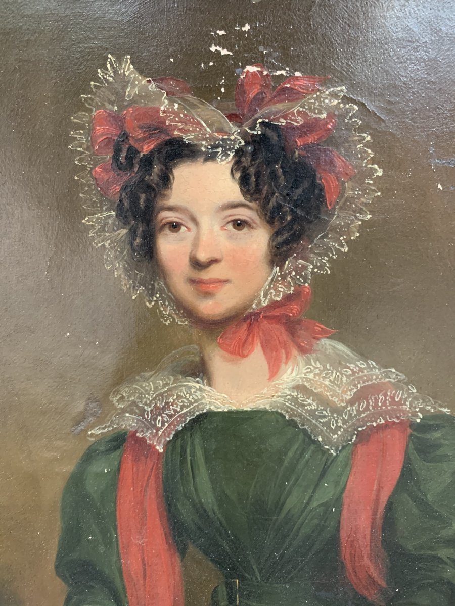 Portrait de femme romantique – Huile sur toile – début du XIXᵉ siècle -photo-3