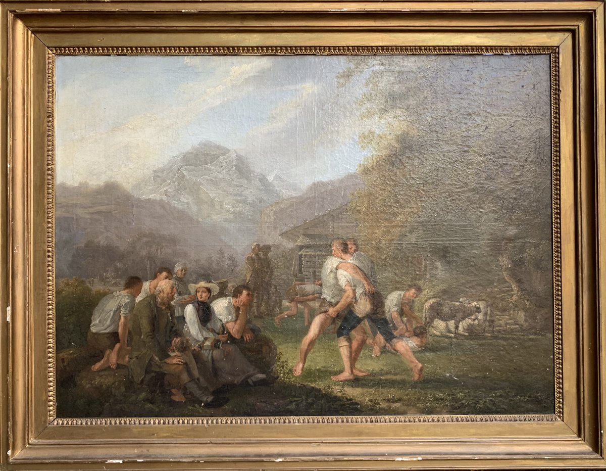 Les lutteurs - Huile sur toile début XIXème - École suisse ou Allemagne du sud -photo-2