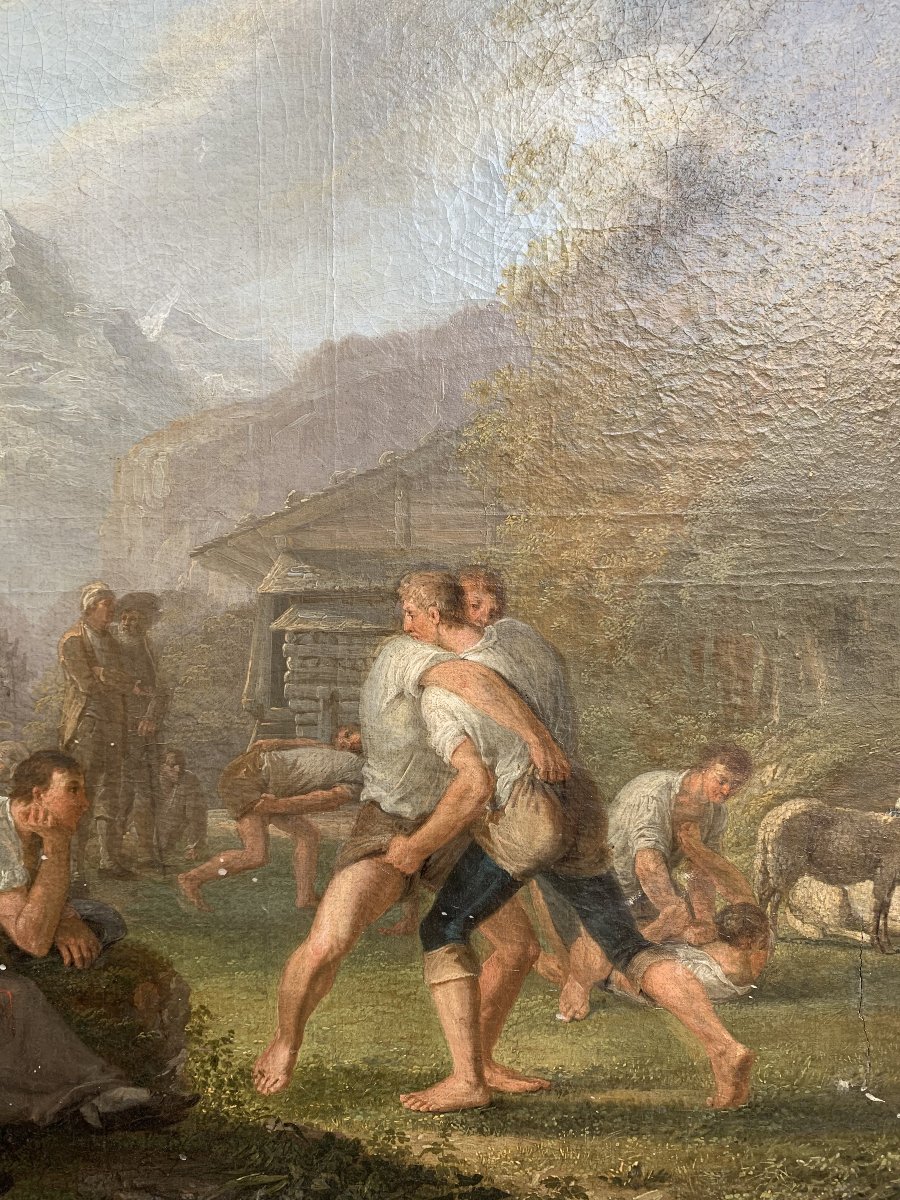 Les lutteurs - Huile sur toile début XIXème - École suisse ou Allemagne du sud -photo-4