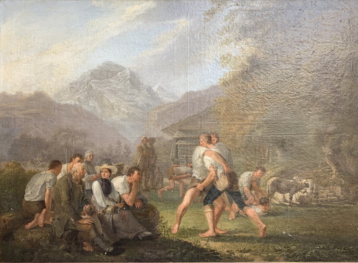 Les lutteurs - Huile sur toile début XIXème - École suisse ou Allemagne du sud 