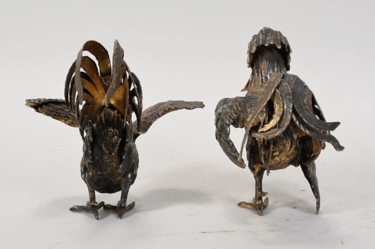 Pair Of Roosters In 925 Silver And Gilded Silver-photo-2