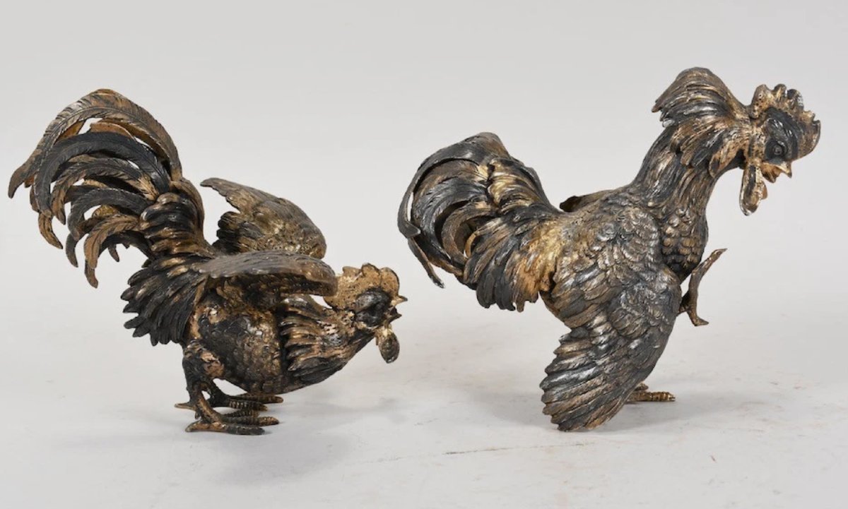 Pair Of Roosters In 925 Silver And Gilded Silver-photo-3