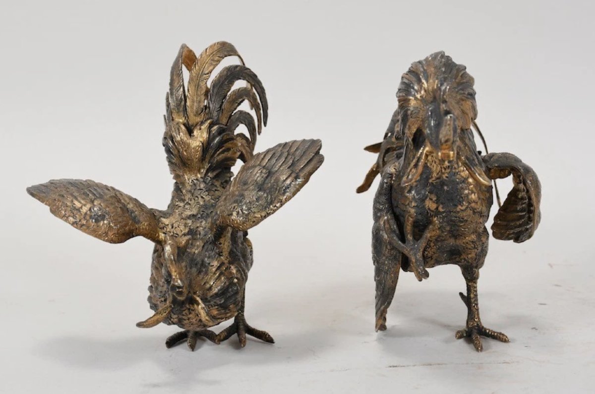 Pair Of Roosters In 925 Silver And Gilded Silver-photo-4