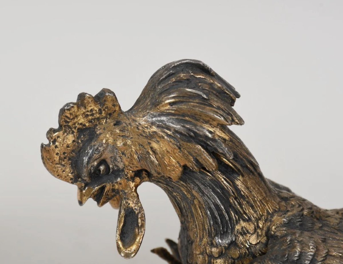 Pair Of Roosters In 925 Silver And Gilded Silver-photo-3