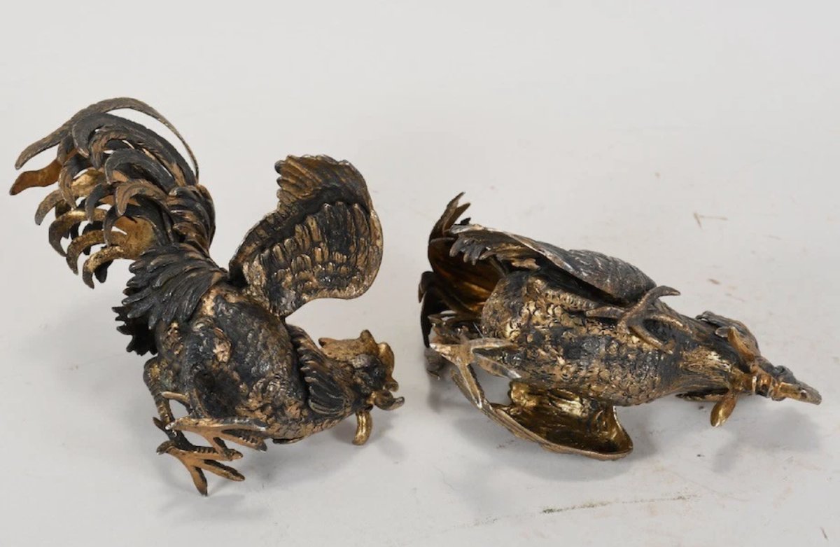 Pair Of Roosters In 925 Silver And Gilded Silver-photo-4
