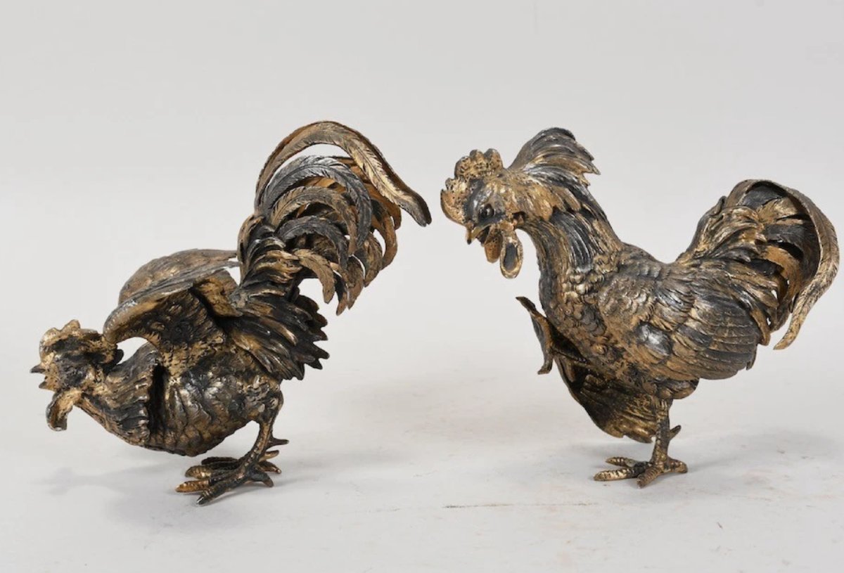 Pair Of Roosters In 925 Silver And Gilded Silver