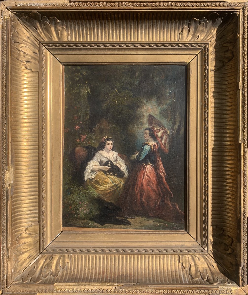 Elegant Gallant Scene In A Park - Oil On Canvas - Taste Of Diaz De La Peña - Late 19th Century-photo-2