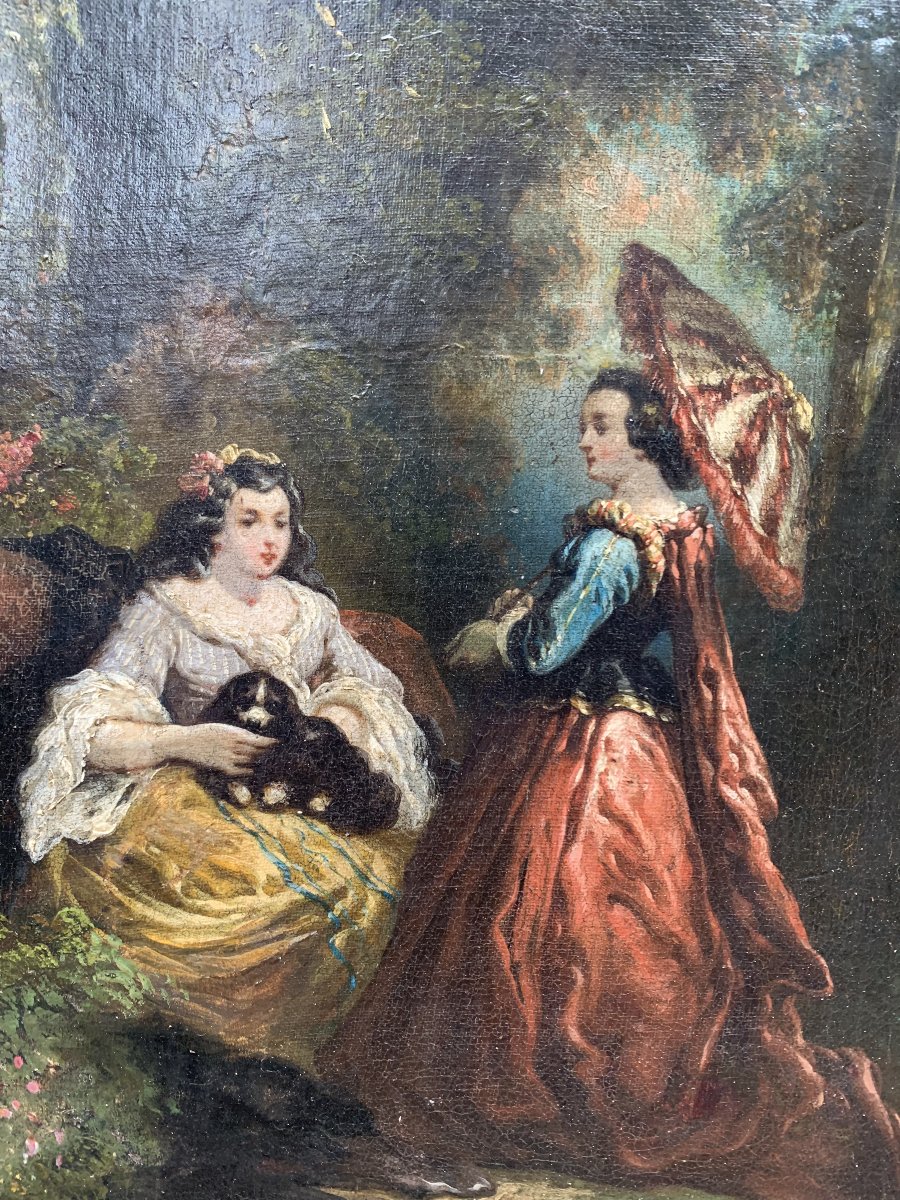 Elegant Gallant Scene In A Park - Oil On Canvas - Taste Of Diaz De La Peña - Late 19th Century-photo-3