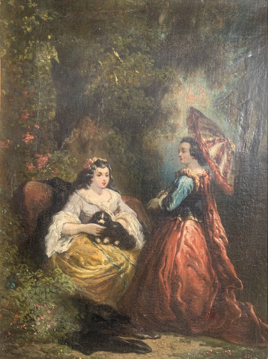 Elegant Gallant Scene In A Park - Oil On Canvas - Taste Of Diaz De La Peña - Late 19th Century