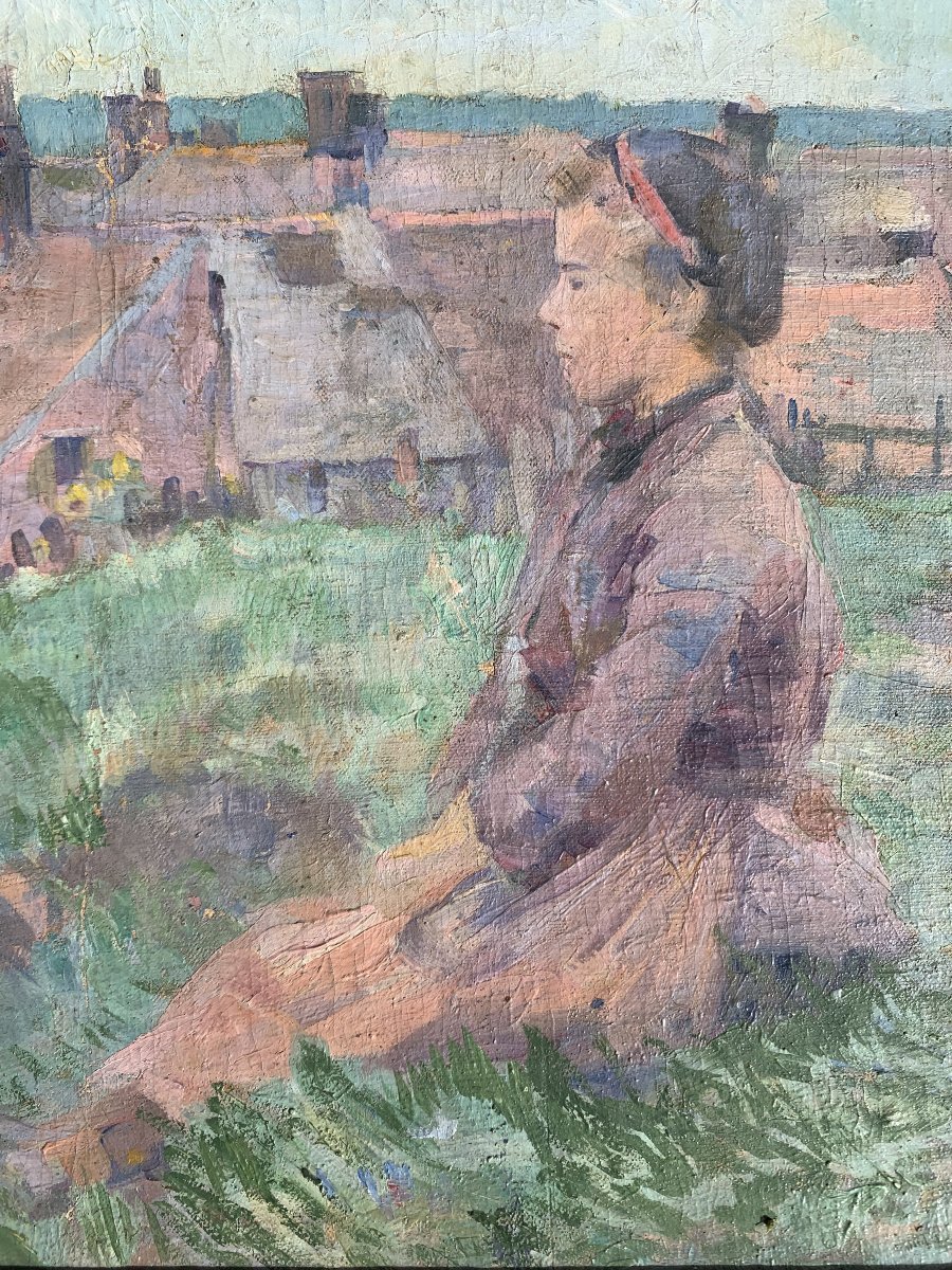 Jakob Ruch (1868-1914) - Young Woman In A Village, Impressionist Study-photo-3