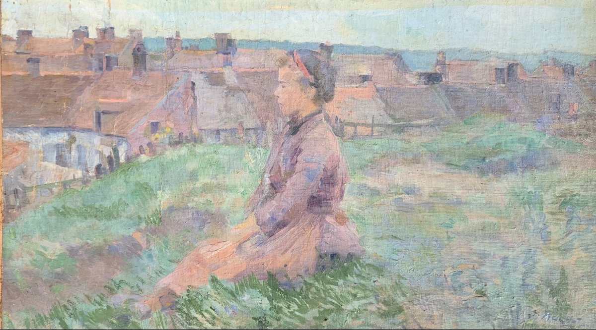 Jakob Ruch (1868-1914) - Young Woman In A Village, Impressionist Study