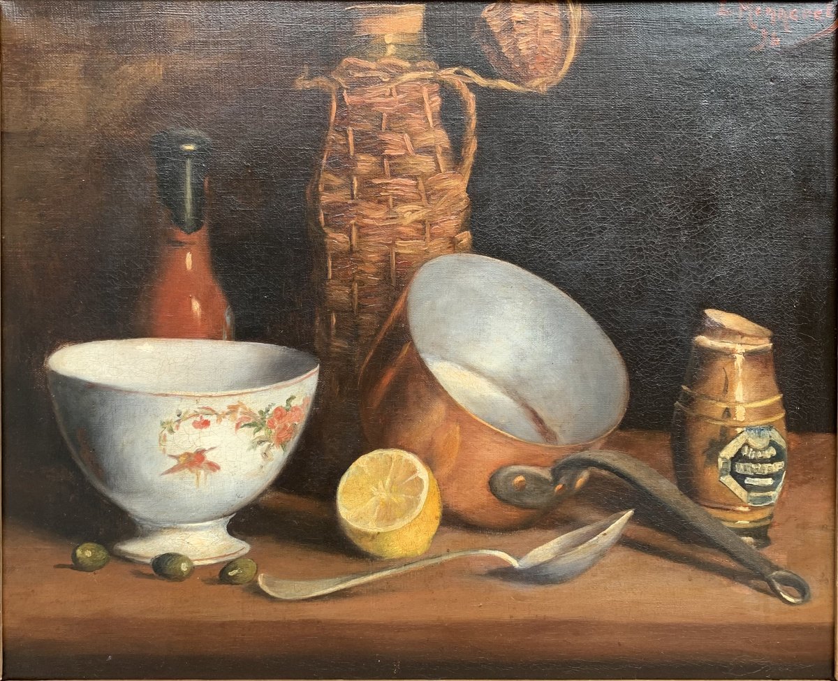 Nature morte aux olives , citron  et casserole - Signée - 1894