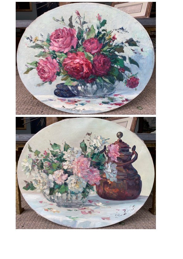 Pierre-Paul Emiot (1896-1971) - Paire d’huiles sur toile - natures mortes aux fleurs 