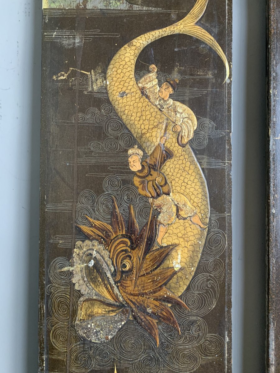Paire de Panneaux en Laque Asiatique – Fin du XIXe Siècle - Animaux et chimères-photo-2