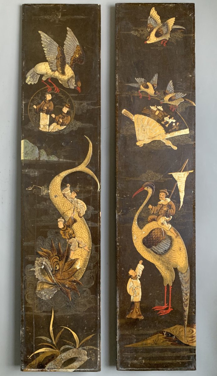 Paire de Panneaux en Laque Asiatique – Fin du XIXe Siècle - Animaux et chimères