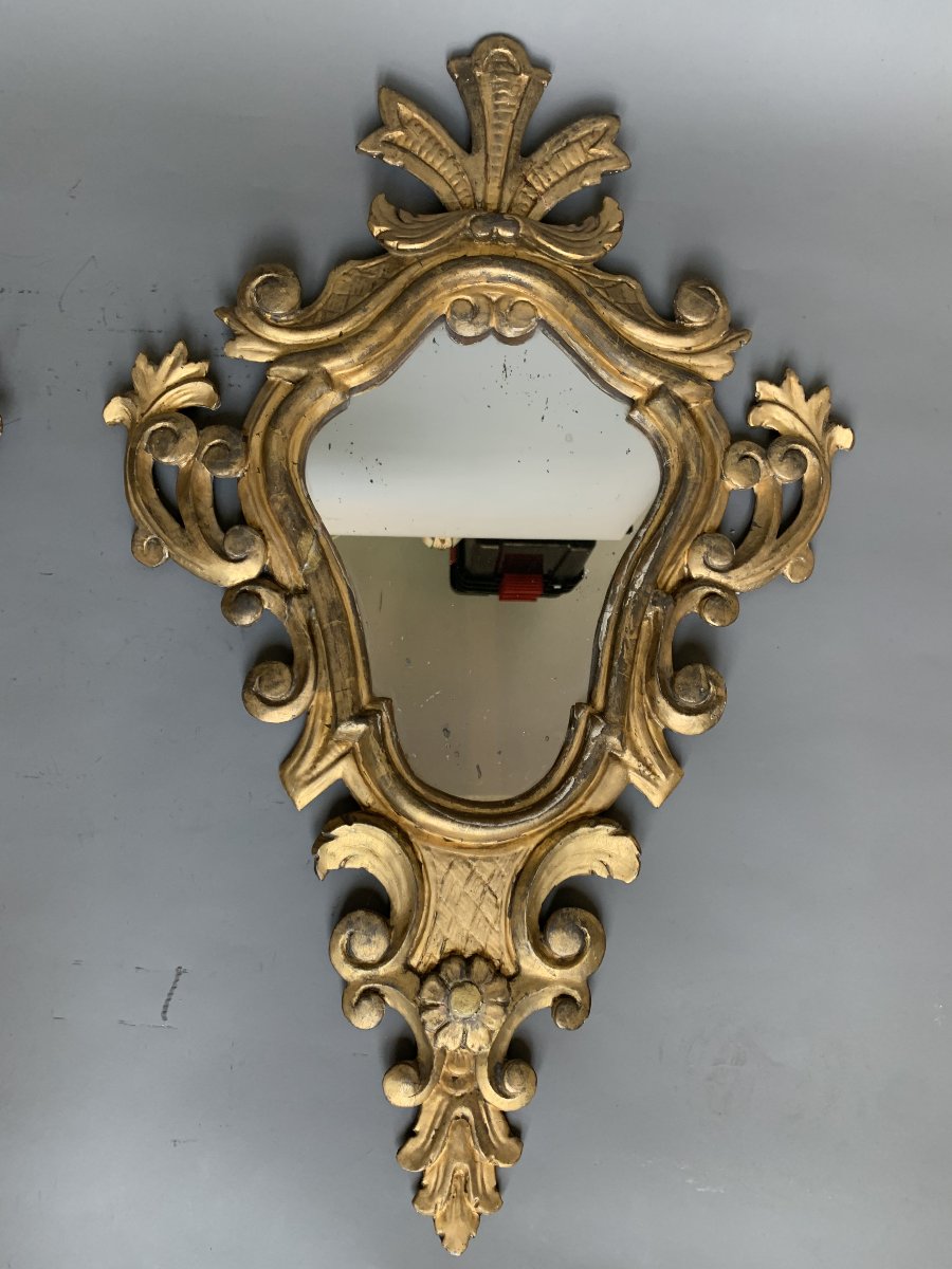 Grande Paire d'Appliques Miroirs en Bois Sculpté et Doré – Italie, XVIIIe Siècle-photo-2