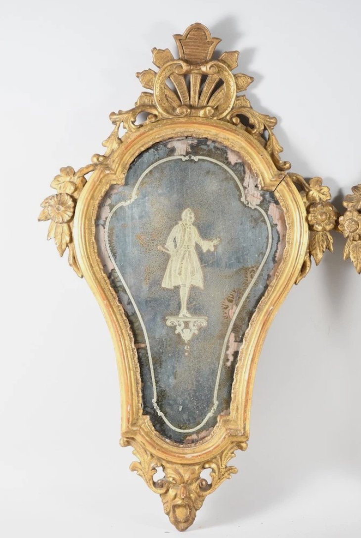 Pair Of Carved And Gilded Wooden Wall Sconces—with Mercury Mirror And églomisé Glass—18th Century-photo-2