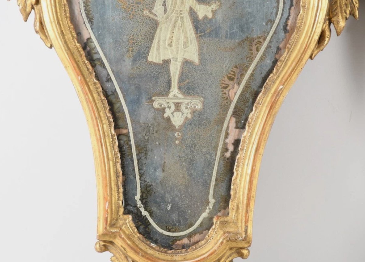 Pair Of Carved And Gilded Wooden Wall Sconces—with Mercury Mirror And églomisé Glass—18th Century-photo-1