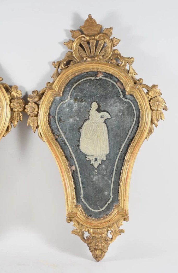 Pair Of Carved And Gilded Wooden Wall Sconces—with Mercury Mirror And églomisé Glass—18th Century-photo-3