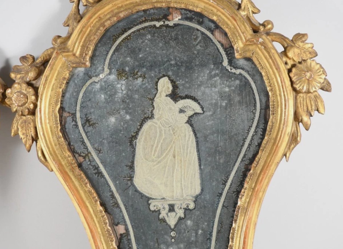 Pair Of Carved And Gilded Wooden Wall Sconces—with Mercury Mirror And églomisé Glass—18th Century-photo-5