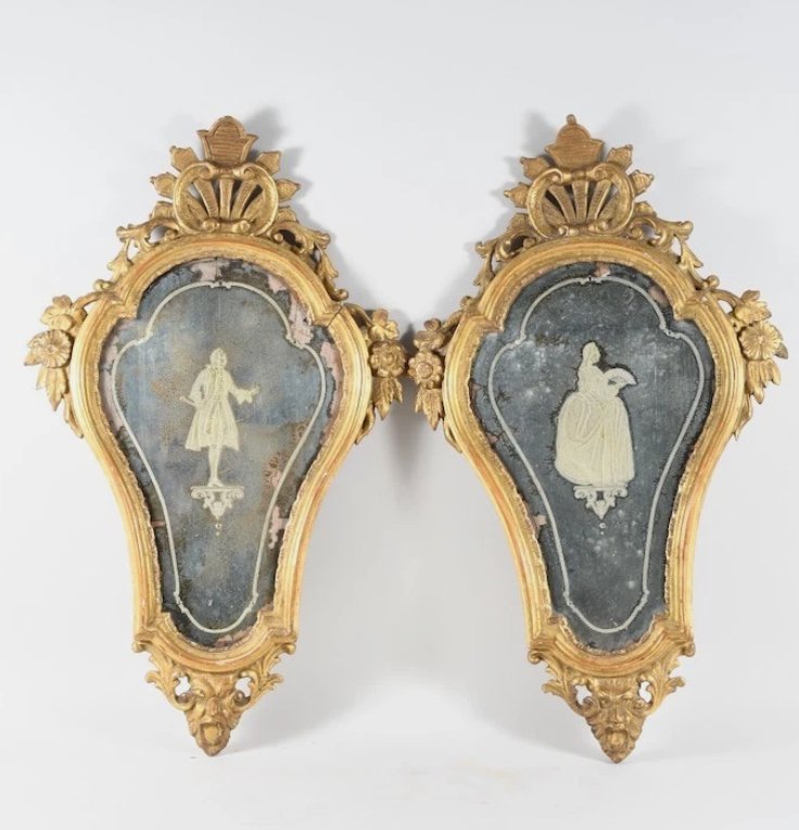 Pair Of Carved And Gilded Wooden Wall Sconces—with Mercury Mirror And églomisé Glass—18th Century