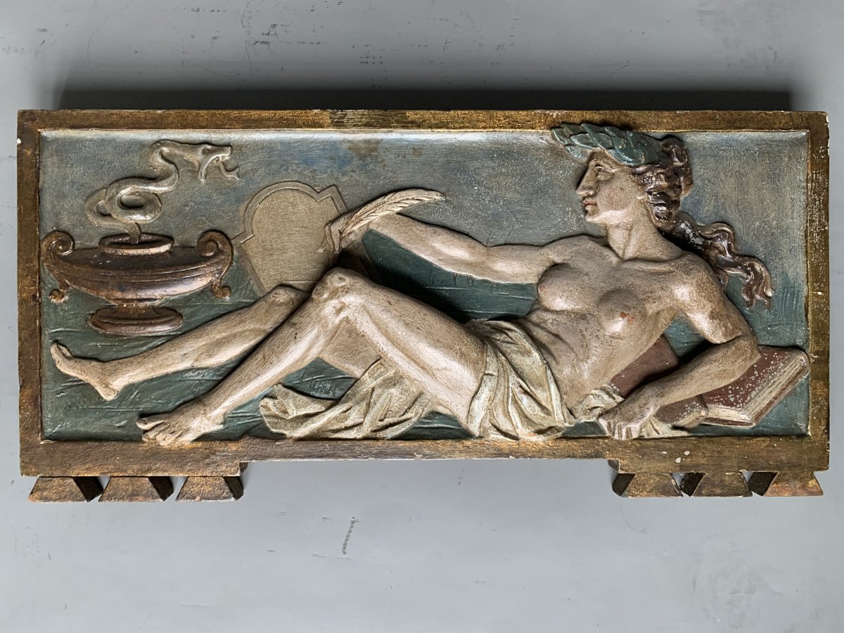 Carved And Polychrome Wooden Bas-relief—female Allegory—circa 1900