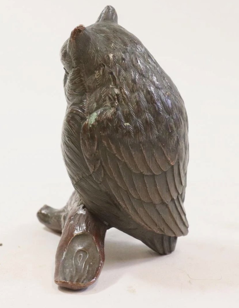 Petit bronze japonais Meiji – Chouette sur une branche - XIXème siècle-photo-4