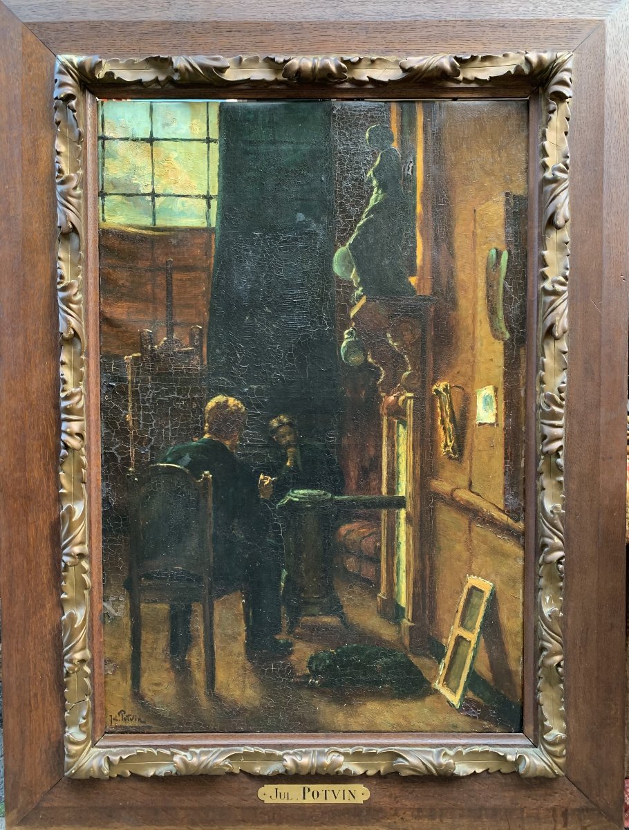Jules Potvin (1800-1900) - Huile sur toile – L’artiste dans son atelier avec un ami-photo-2