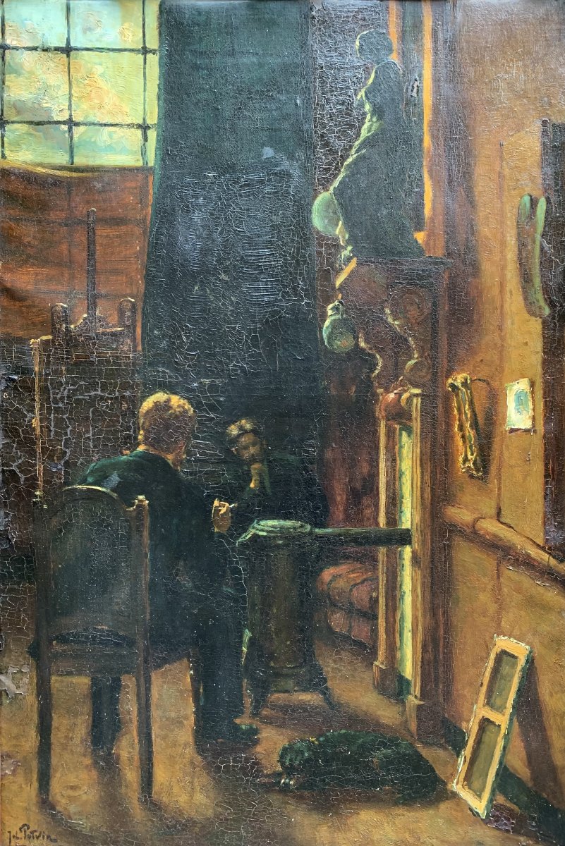 Jules Potvin (1800-1900) - Huile sur toile – L’artiste dans son atelier avec un ami