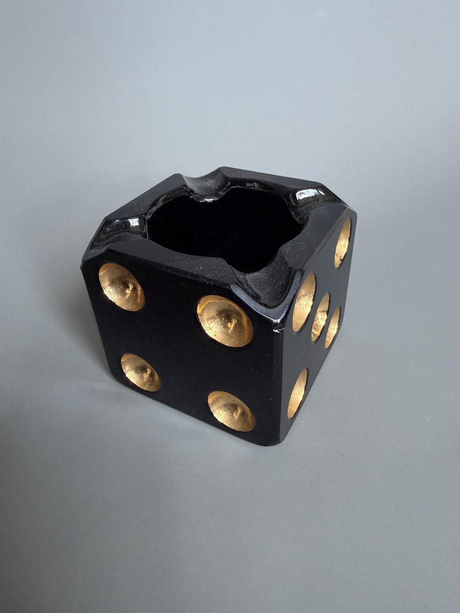 Black Glass Dice-shaped Ashtray – 1980s