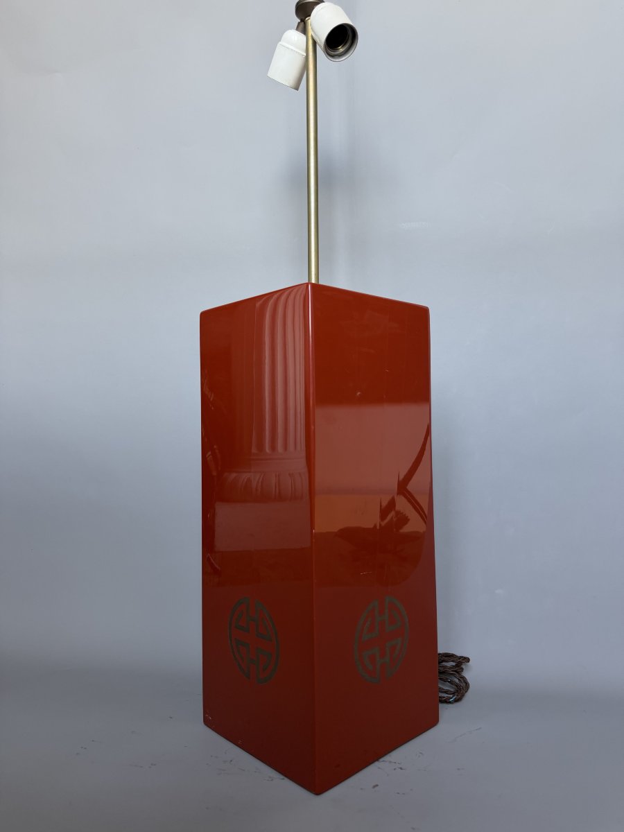Large Lamp Base Made Of Red-lacquered Wood And Brass – 1970s-photo-2