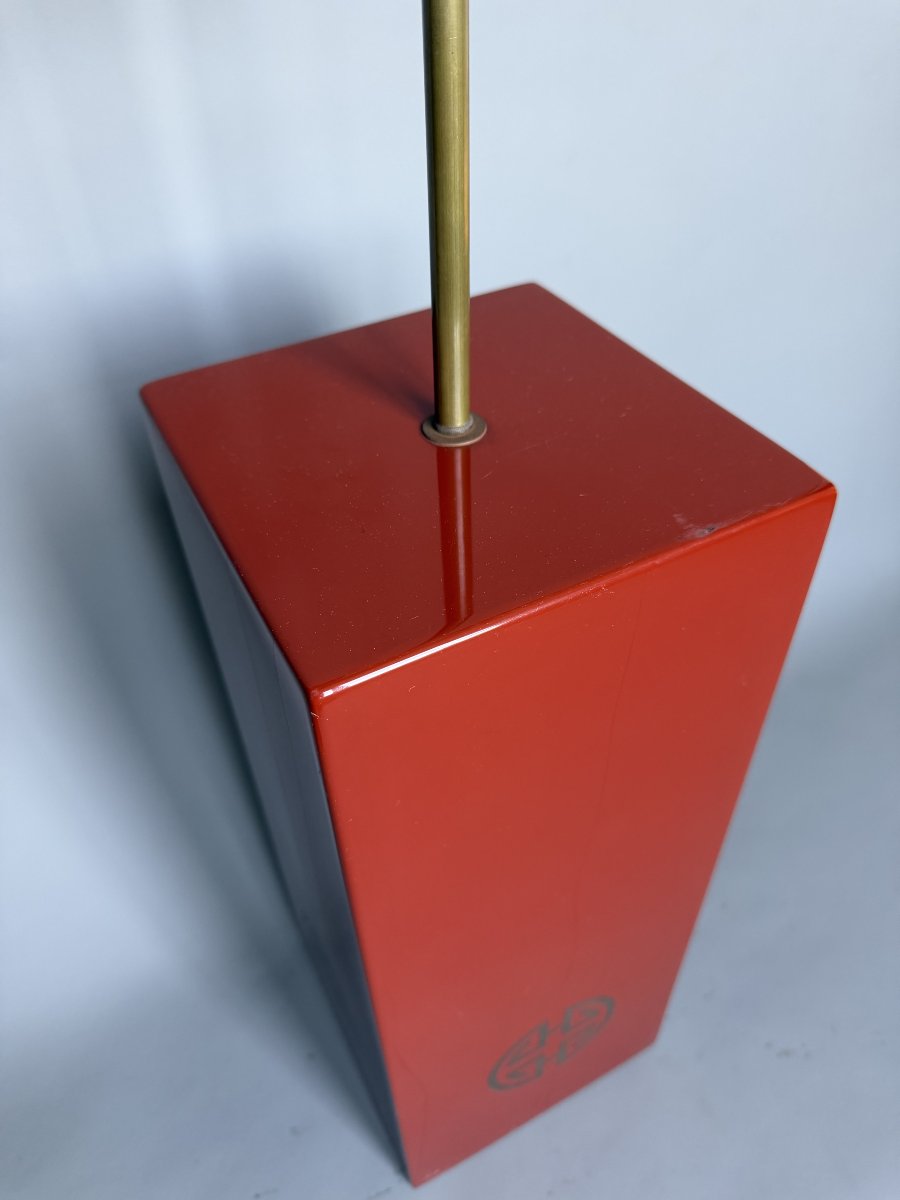 Large Lamp Base Made Of Red-lacquered Wood And Brass – 1970s-photo-3