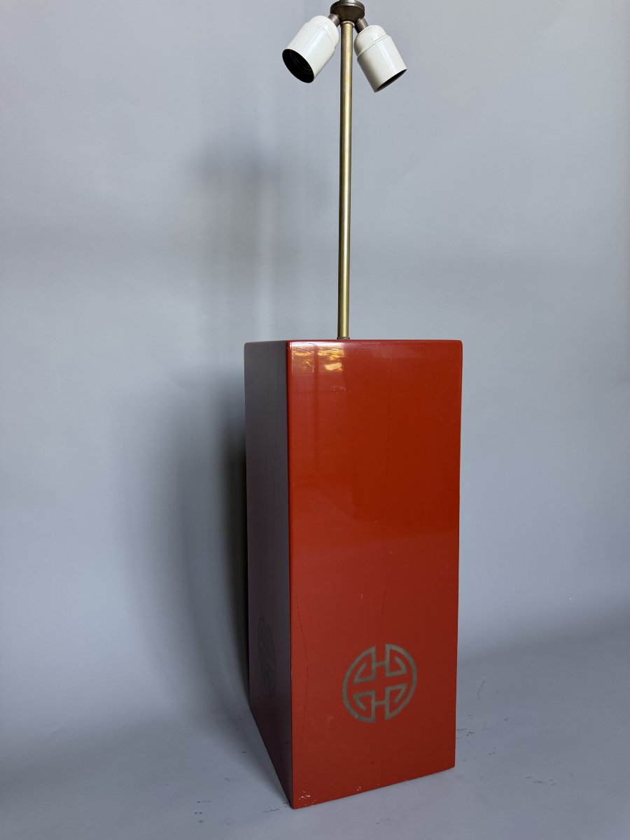 Large Lamp Base Made Of Red-lacquered Wood And Brass – 1970s-photo-4