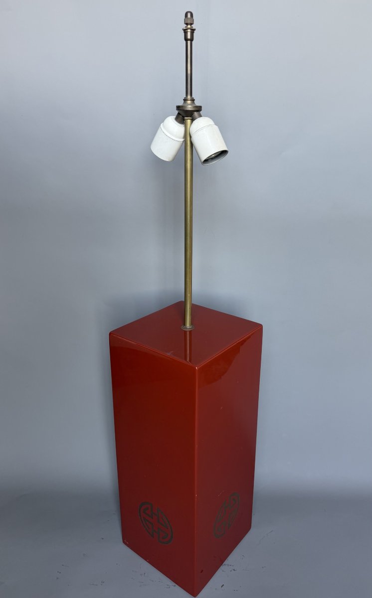 Large Lamp Base Made Of Red-lacquered Wood And Brass – 1970s